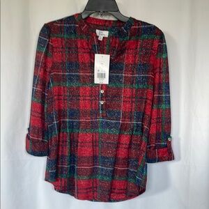 Plaid Button-Up Henley Women's Top